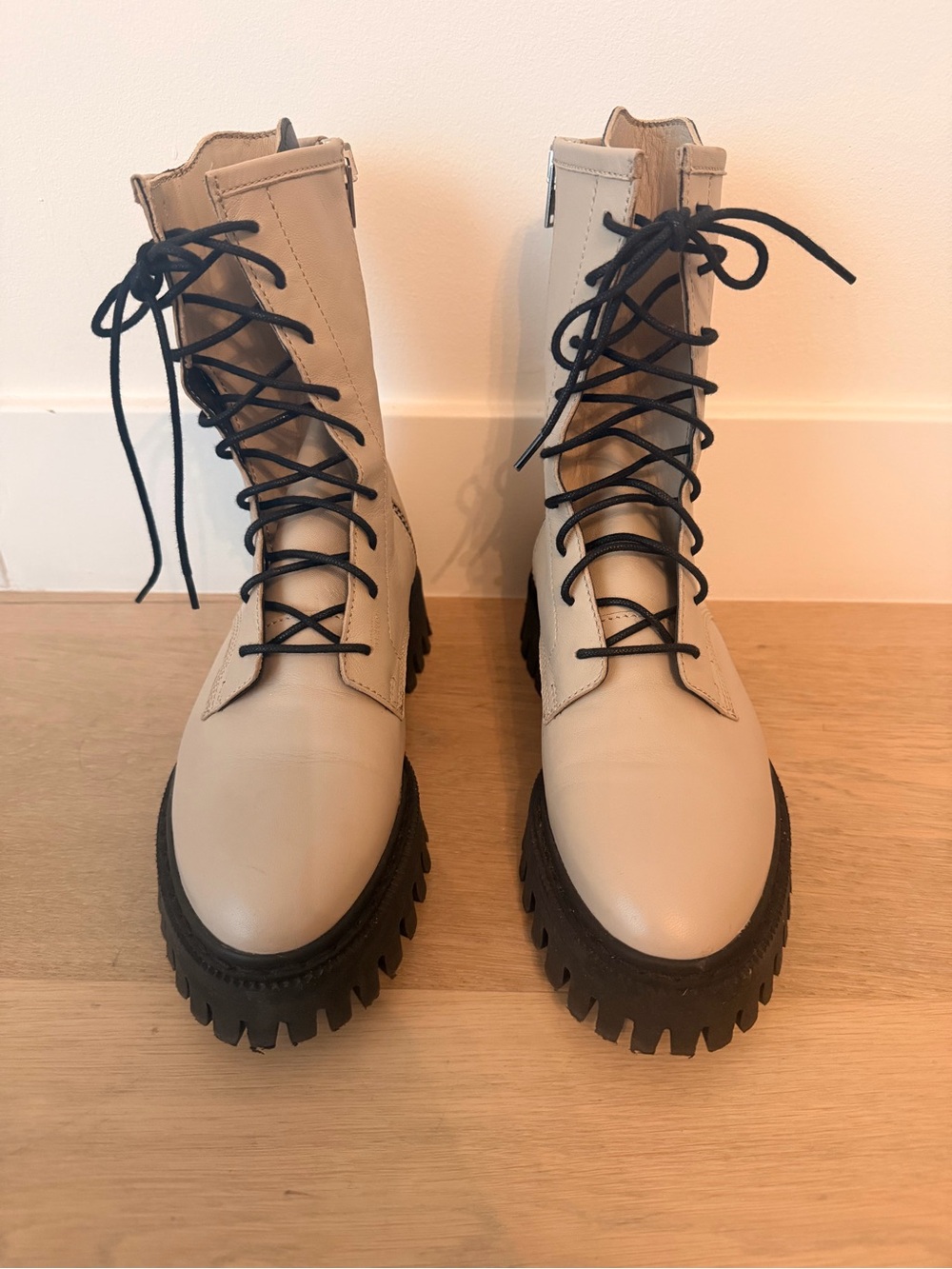 IRO Beige Lace-Up Platform Combat Boots with Black Soles